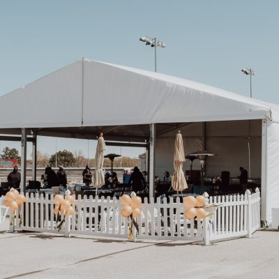 Structure Tent, White Picket Fence, Tan Umbrella