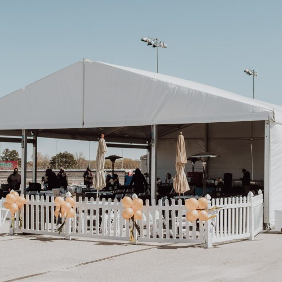 Structure Tent, White Picket Fence, Tan Umbrella