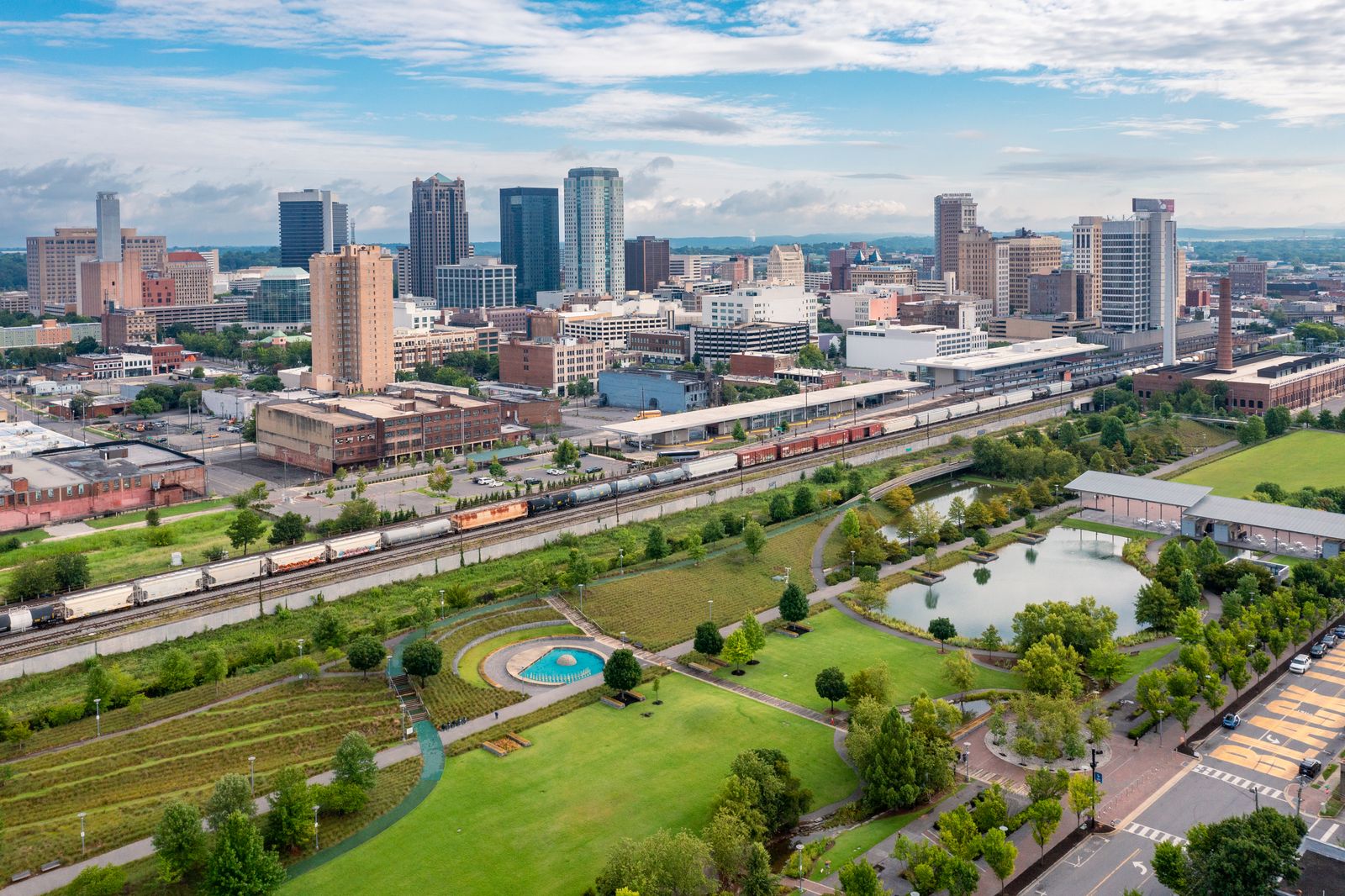 Aerial view of the Birmingham, AL skyline above Railroad Park
