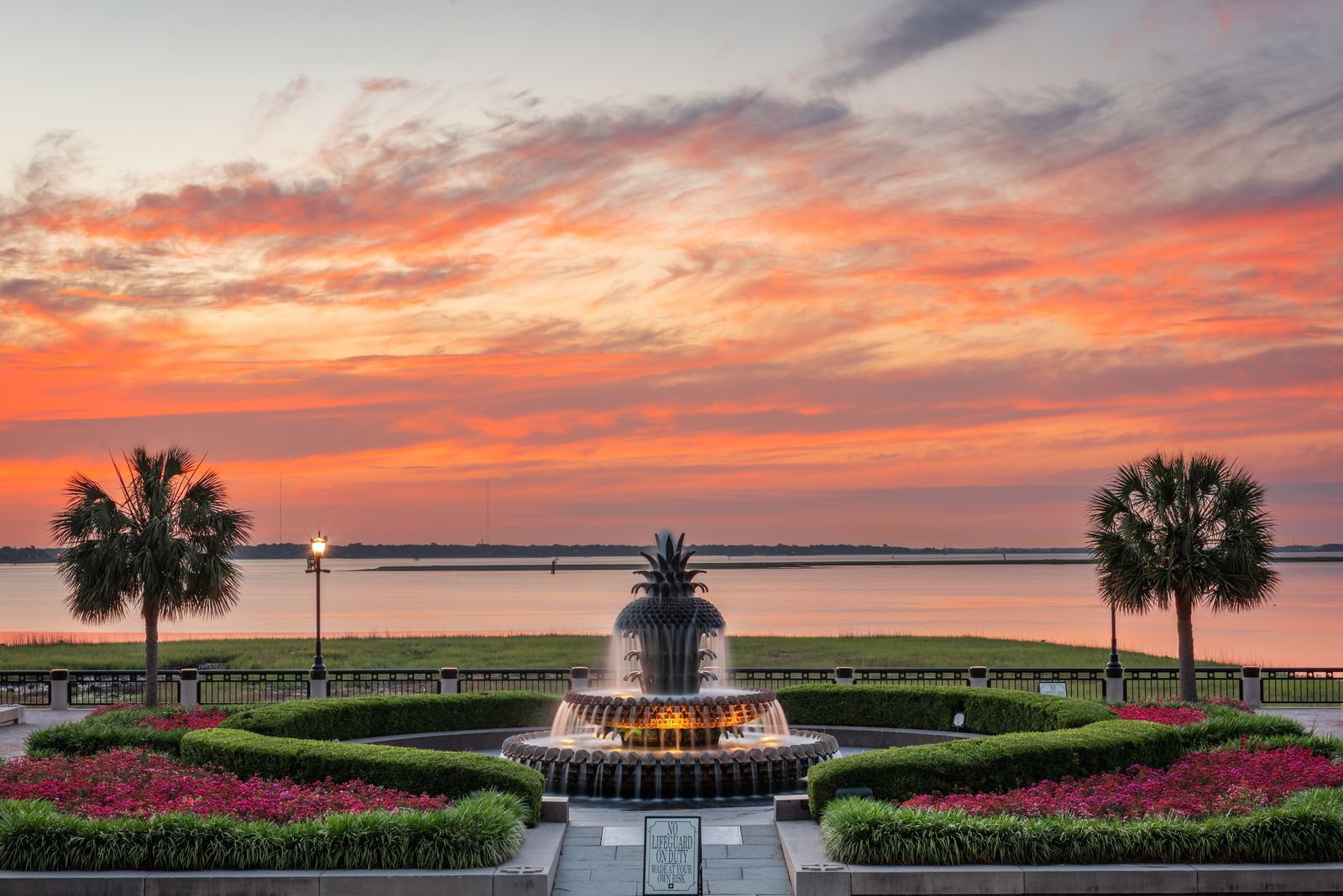 Pineapple Fountain at Waterfront Park in Charleston, SC at sunrise
