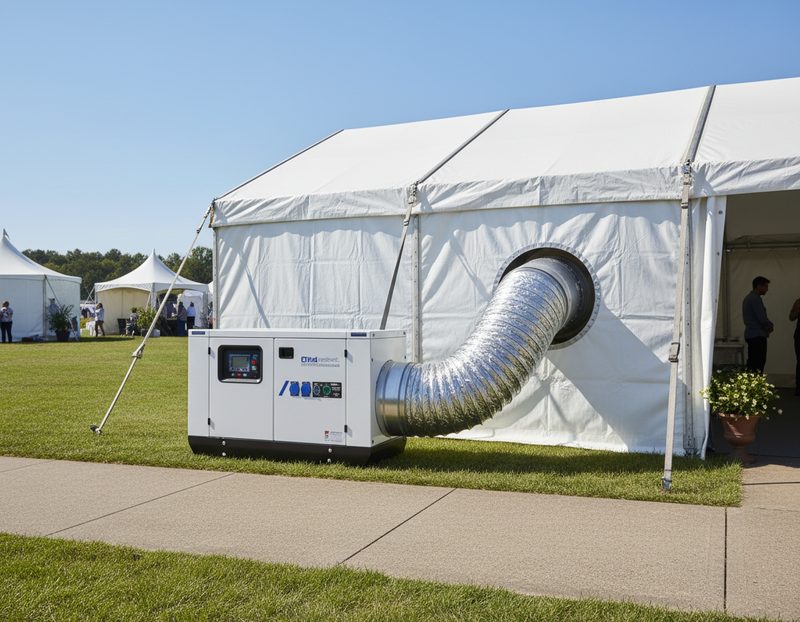 Portable HVAC unit ducted into a white frame tent for climate control