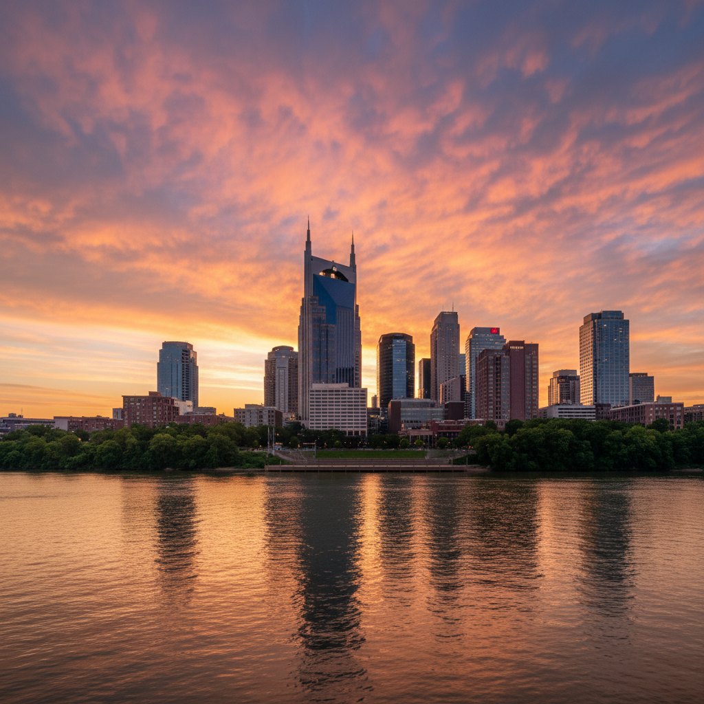 Nashville skyline at sunset reflected in the river